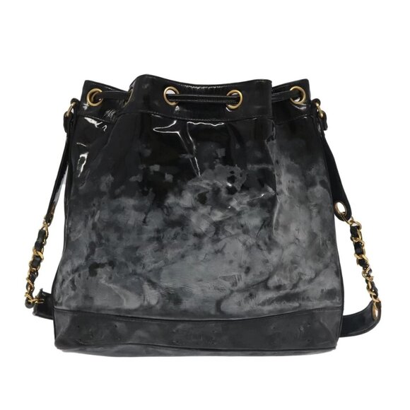 CHANEL Shoulder Bag Enamel Black Gold CC Auth - Picture 2 of 16